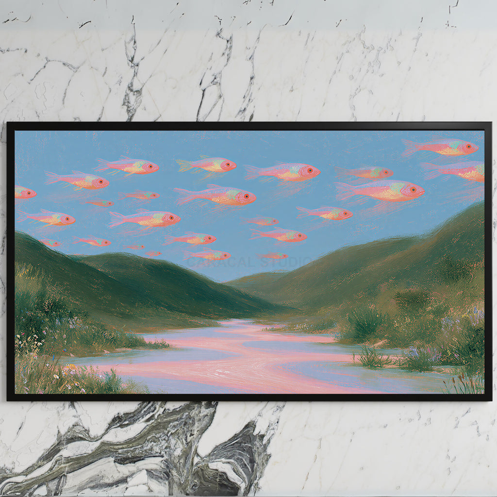 Flying fish art on a black TV on a white marble wall