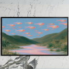 Flying fish art on a black TV on a white marble wall