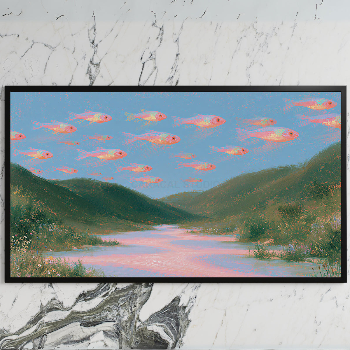 Flying fish art on a black TV on a white marble wall