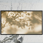 Leaf shadow art on a black TV on a white marble wall