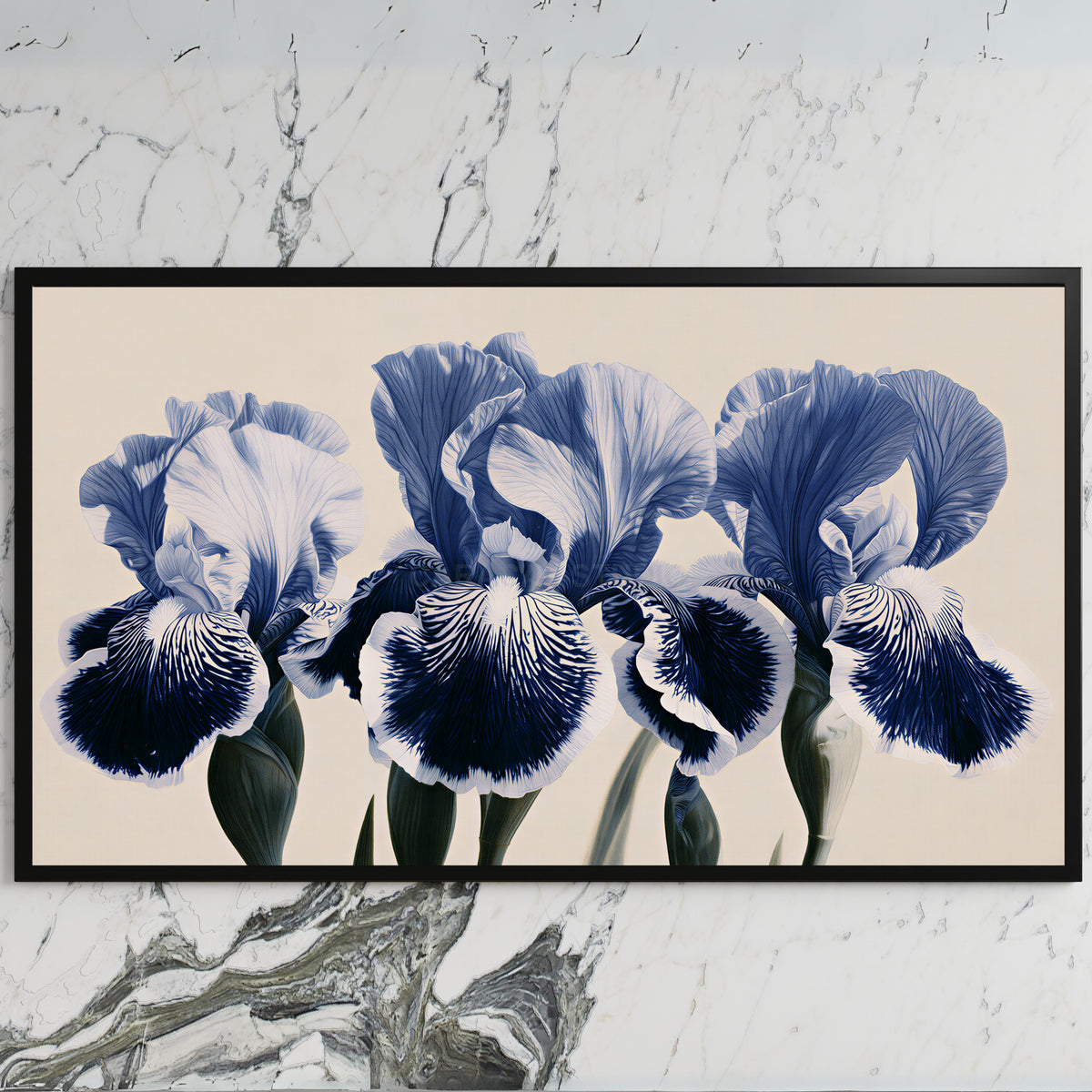 Blue iris art on a black TV on a white marble wall