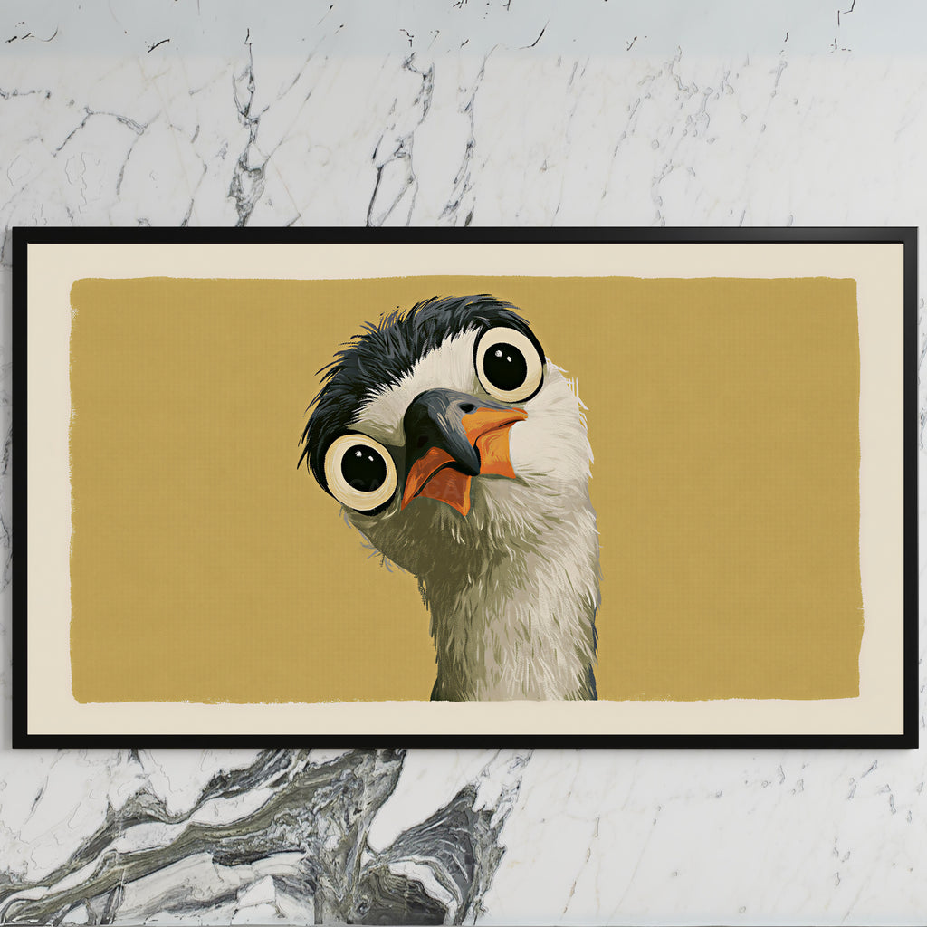 Funny heron art on a black TV on a white marble wall