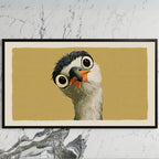 Funny heron art on a black TV on a white marble wall