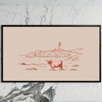 Highland cow lighthouse art on a black TV on a white marble wall