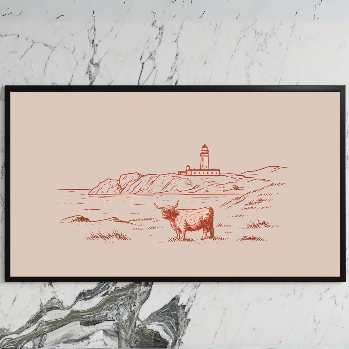 Highland cow lighthouse art on a black TV on a white marble wall
