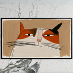 Calico cat face art on a black TV on a white marble wall
