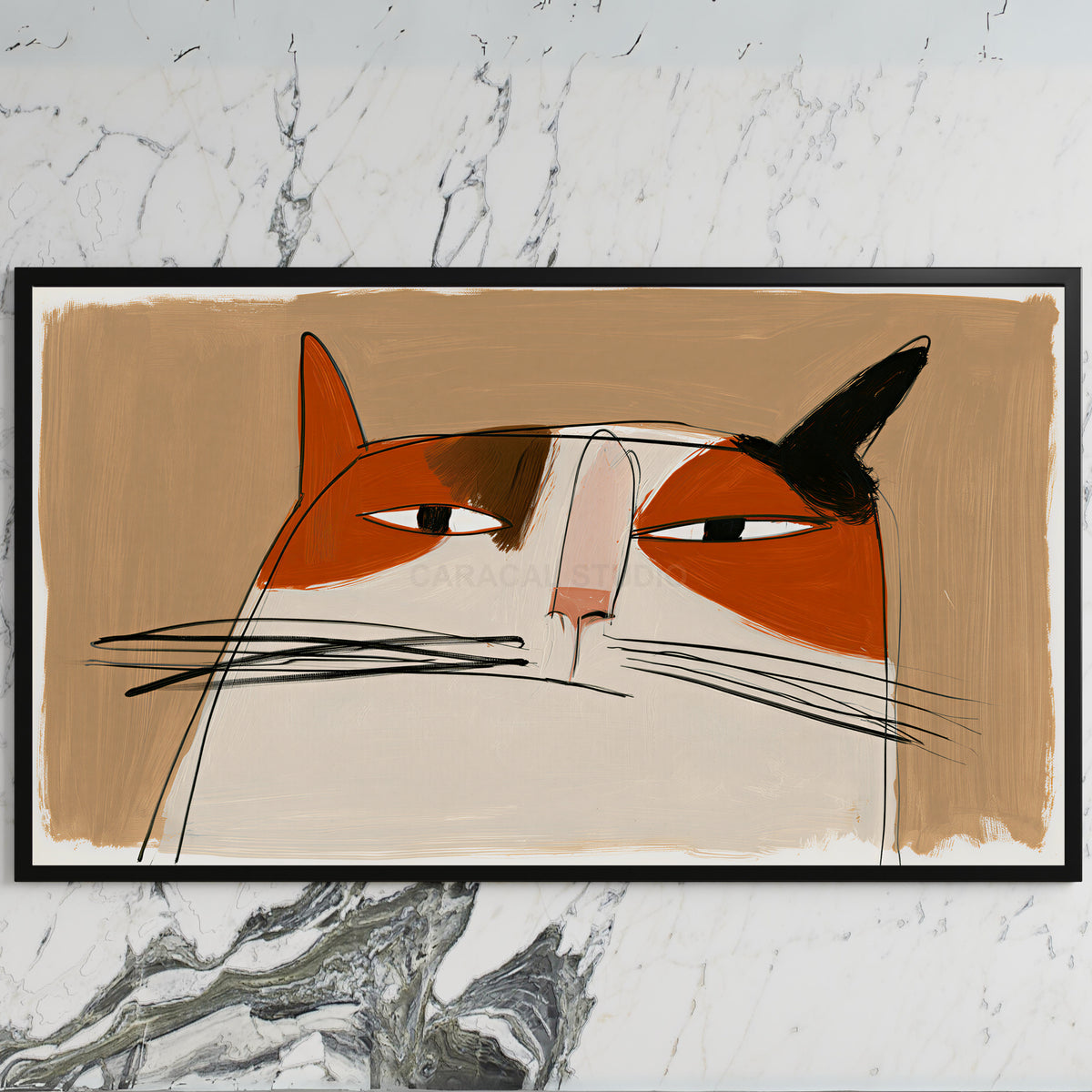 Calico cat face art on a black TV on a white marble wall