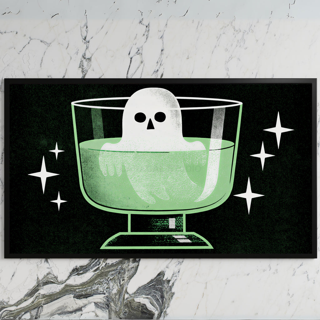Ghost in a potion glass art on a black TV on a white marble wall