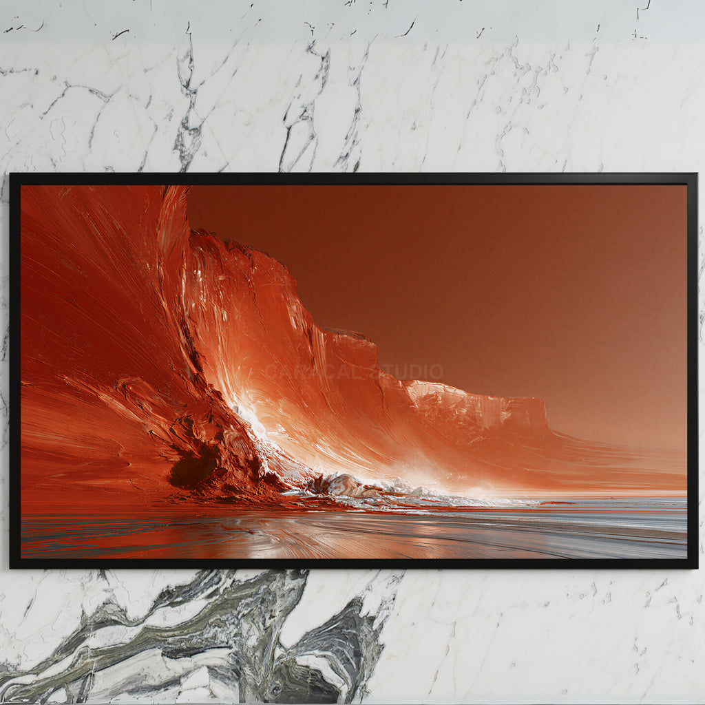 Red sea cliffs art on a black TV on a white marble wall