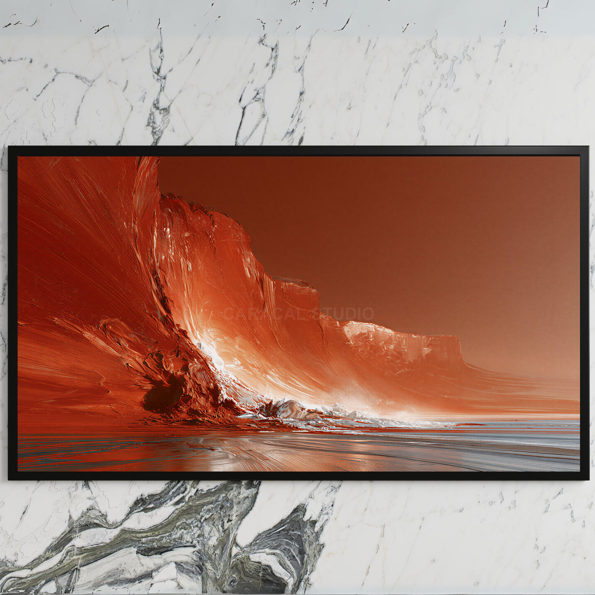 Red sea cliffs art on a black TV on a white marble wall