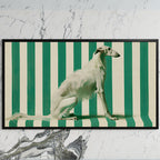 Borzoi art on a black TV on a white marble wall