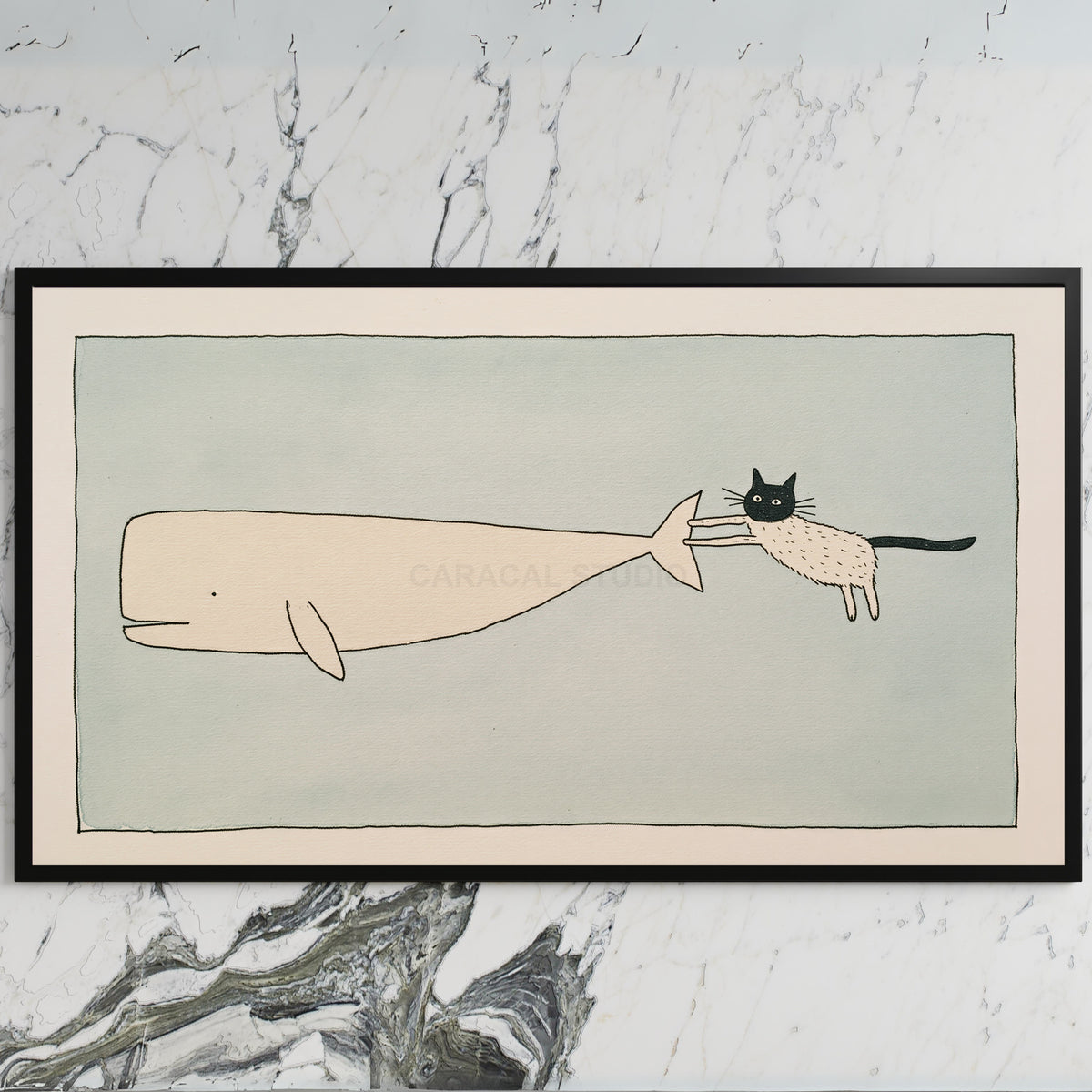 Cat and whale art on a black TV on a white marble wall