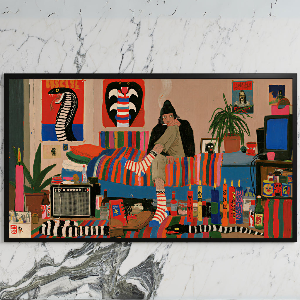 Eclectic retro room art on a black TV on a white marble wall