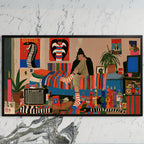 Eclectic retro room art on a black TV on a white marble wall