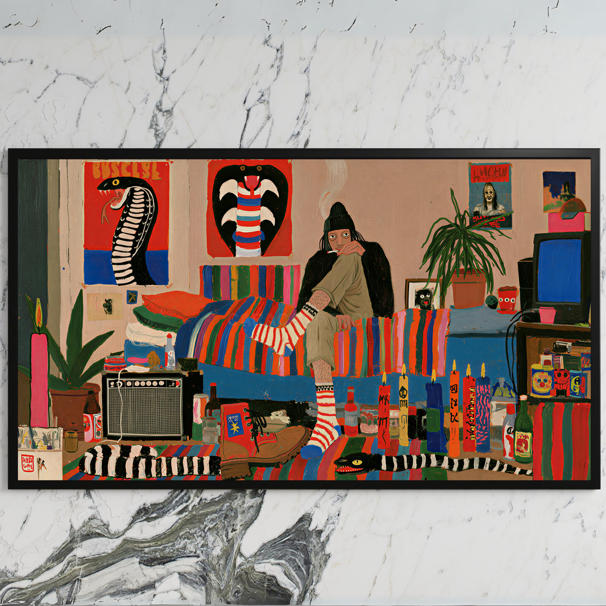 Eclectic retro room art on a black TV on a white marble wall