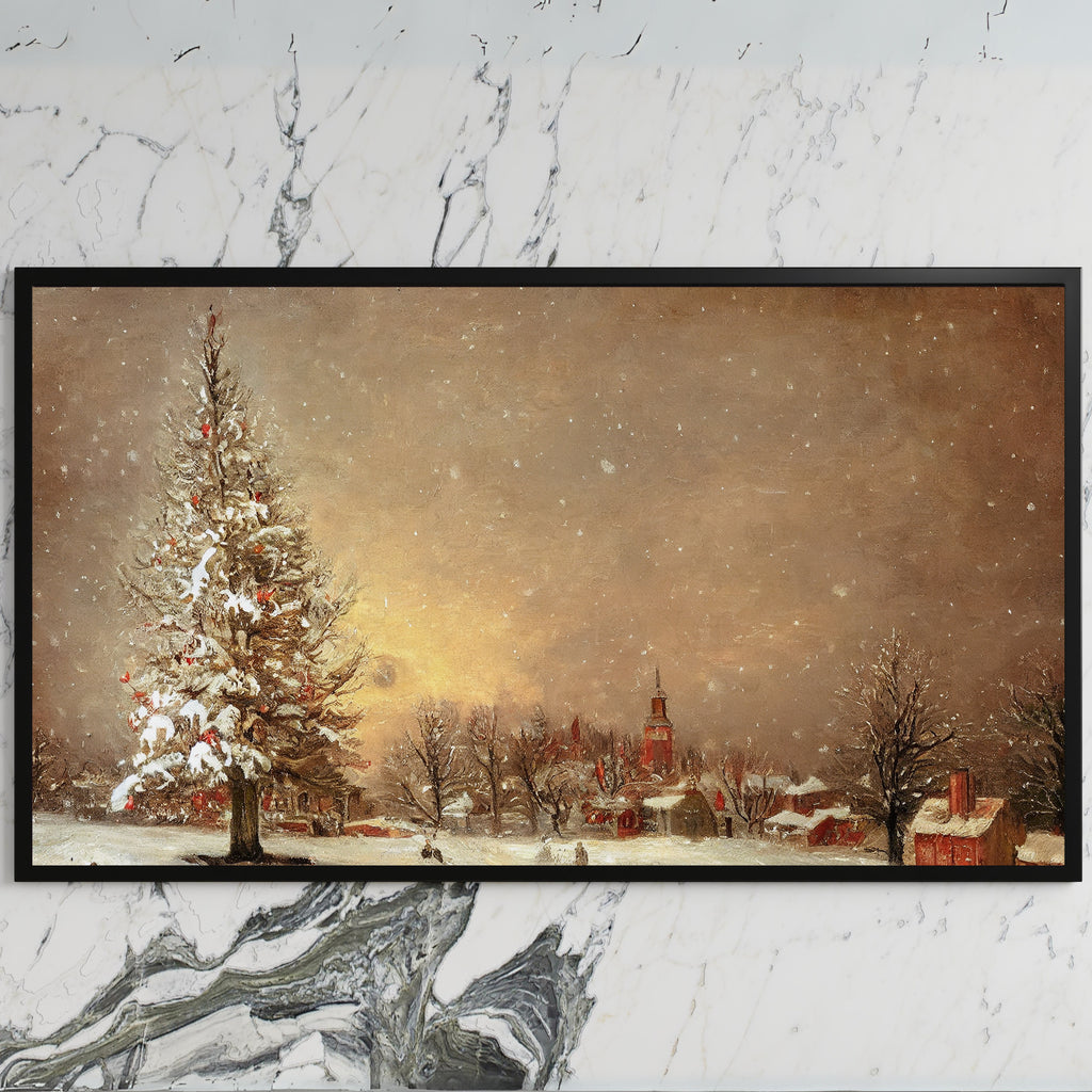 Snowy tree and village art on a black TV on a white marble wall