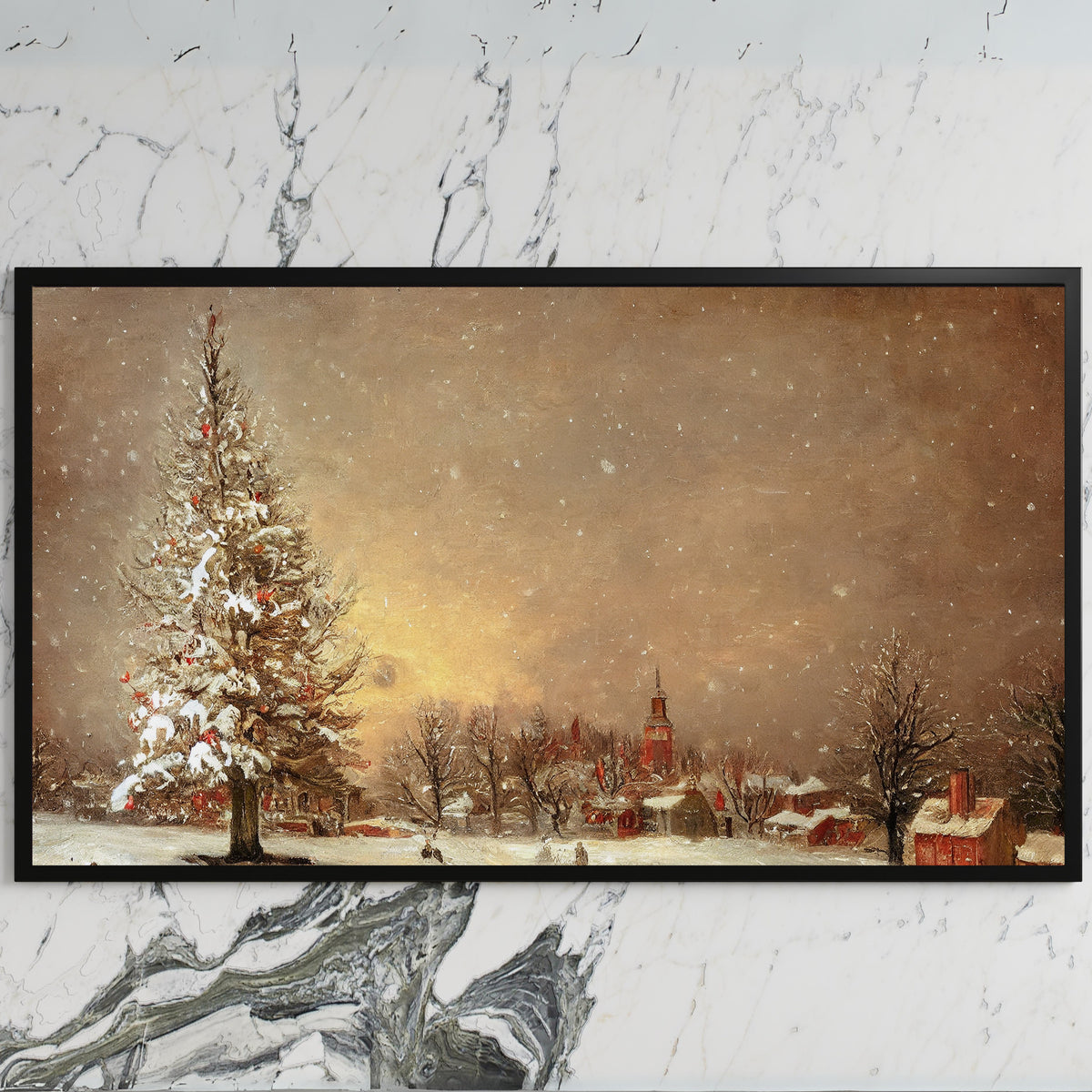 Snowy tree and village art on a black TV on a white marble wall