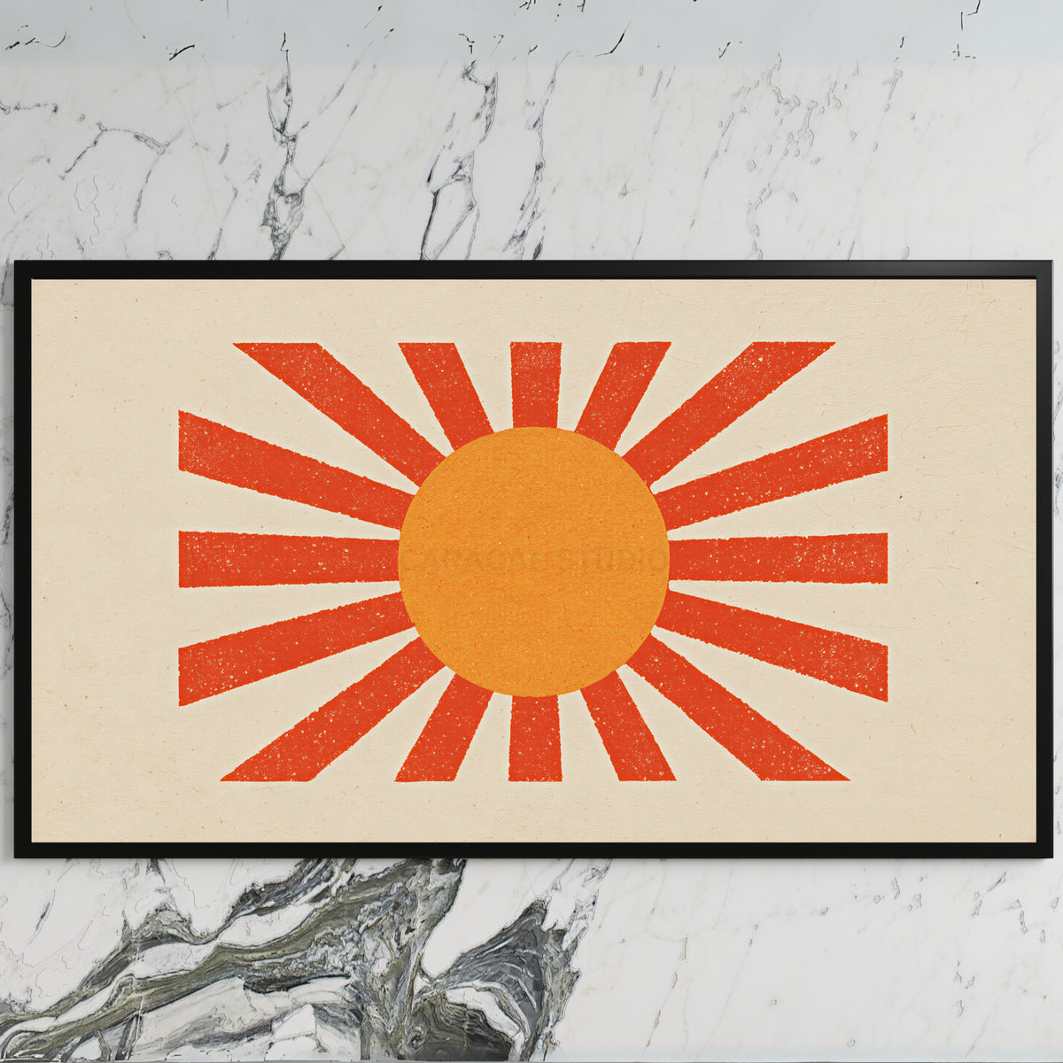 Retro sunburst art on a black TV on a white marble wall