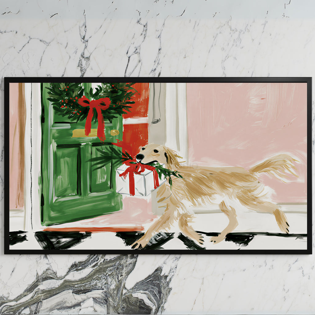 Labrador with a Christmas present art on a black TV on a white marble wall
