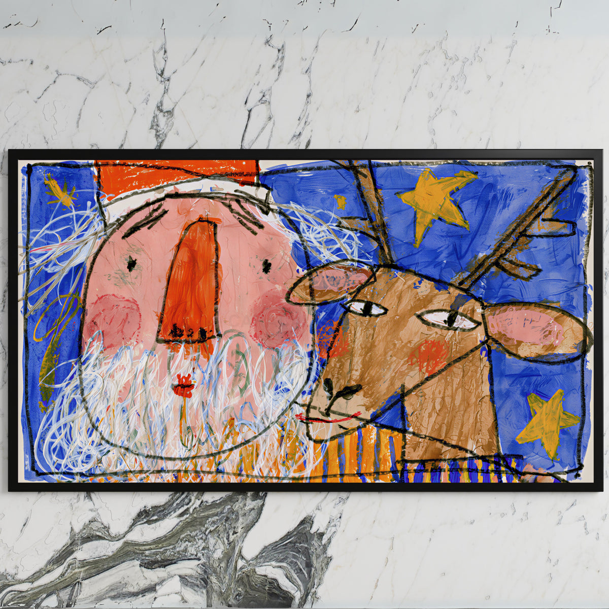 Crayon Santa and reindeer art on a black TV on a white marble wall