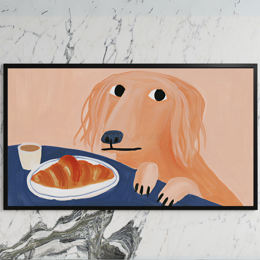 Dog with a croissant art on a black TV on a white marble wall