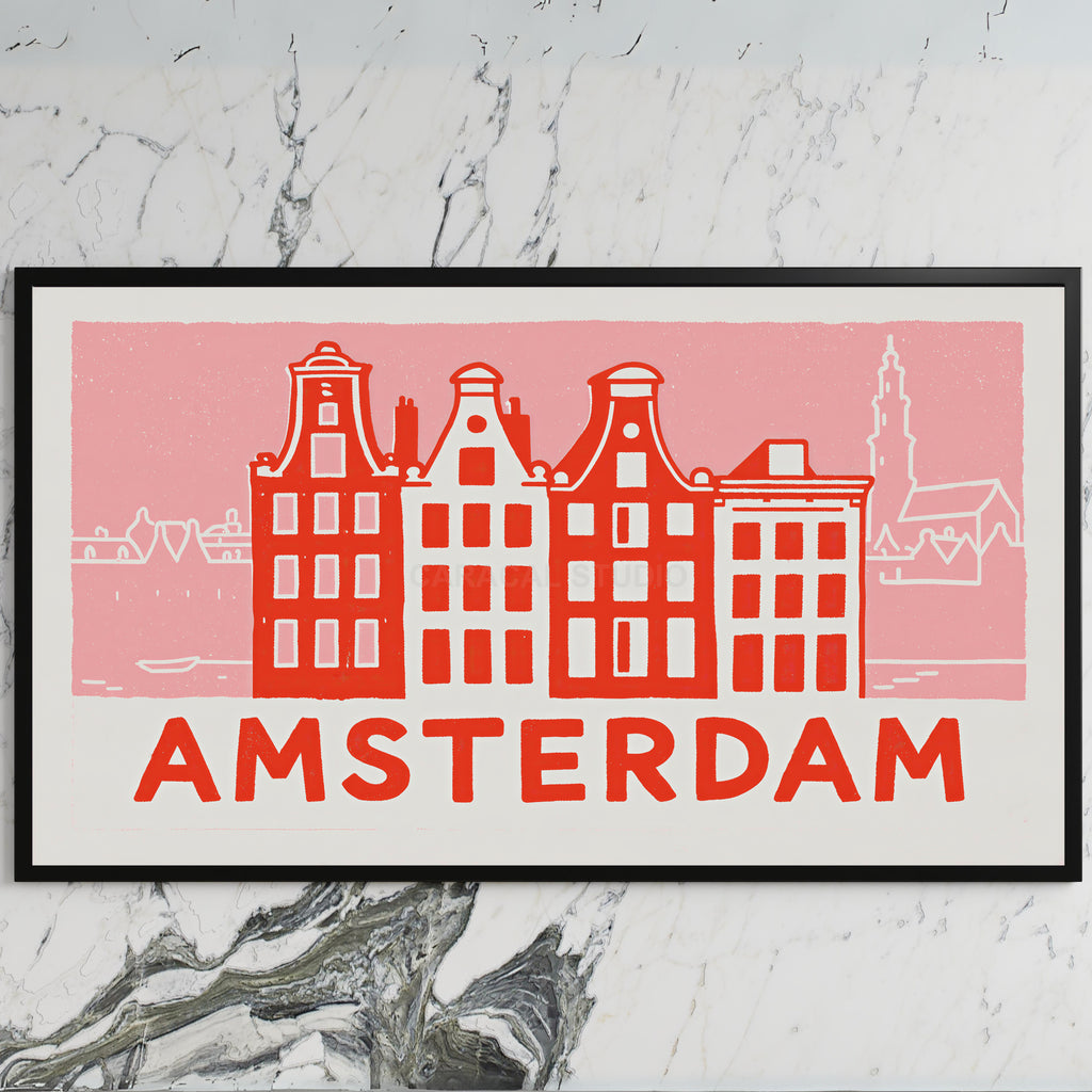 Amsterdam canal houses art on a black TV on a white marble wall