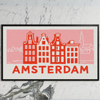 Amsterdam canal houses art on a black TV on a white marble wall