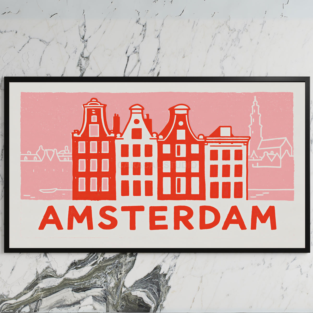 Amsterdam canal houses art on a black TV on a white marble wall
