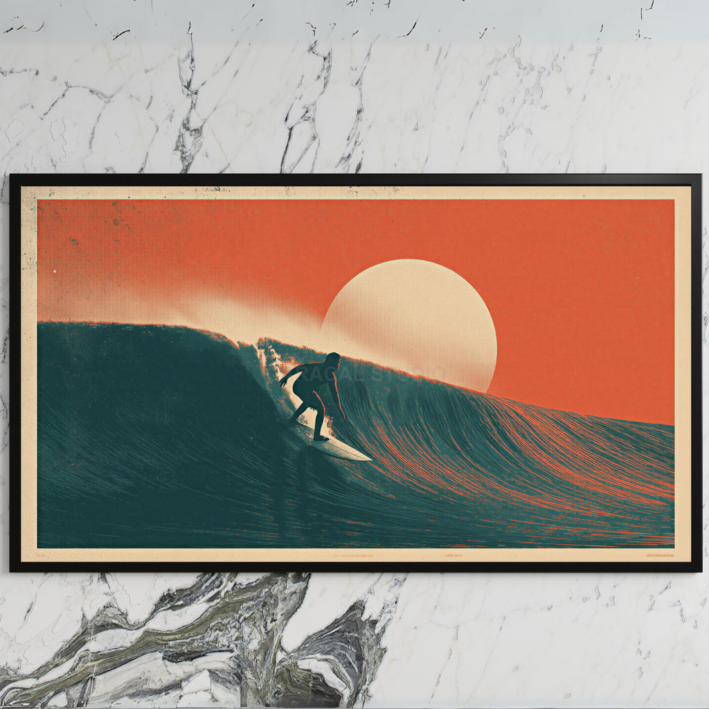 Surfer on a wave art on a black TV on a white marble wall