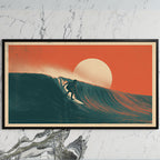 Surfer on a wave art on a black TV on a white marble wall