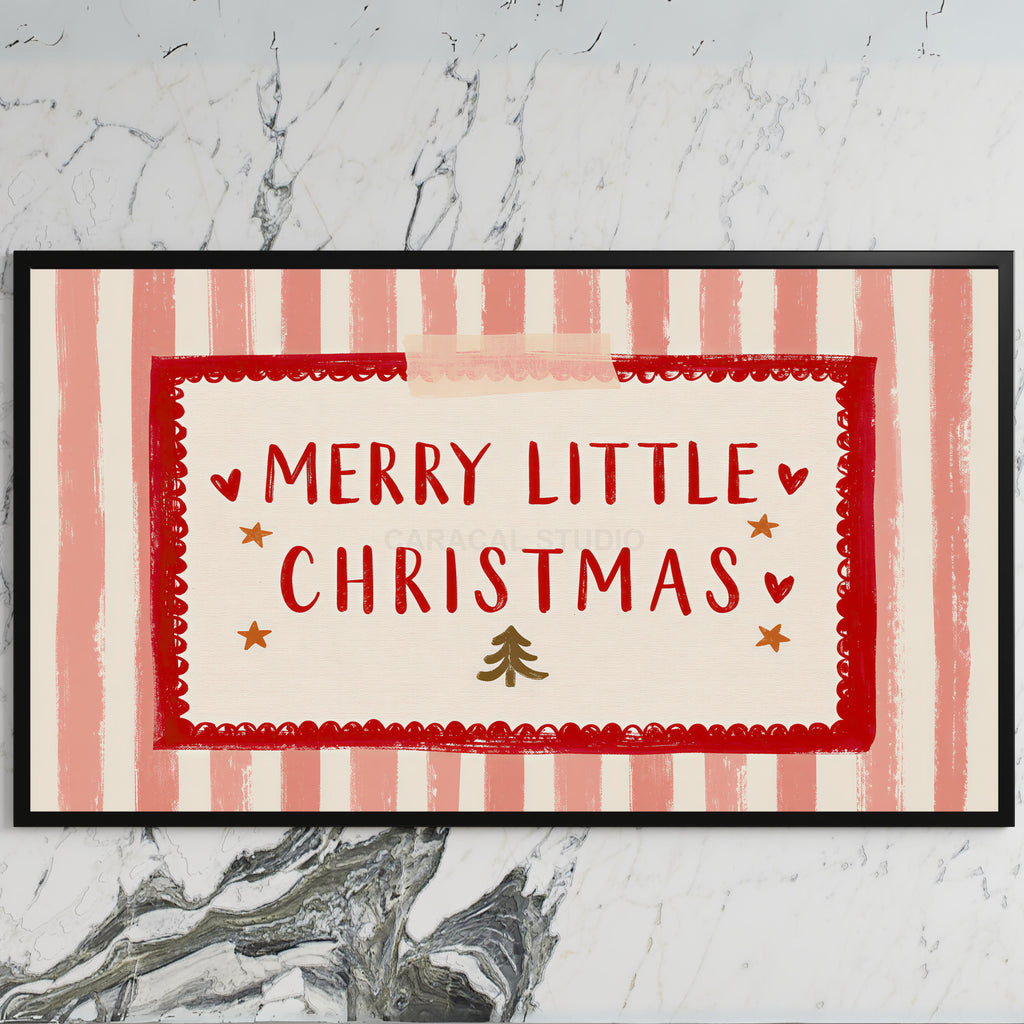 Merry Little Christmas art on a black TV on a white marble wall