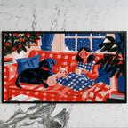 Cozy Christmas evening art on a black TV on a white marble wall