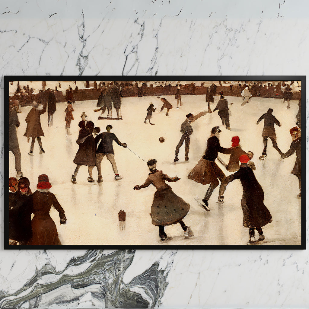 Ice skating art on a black TV on a white marble wall