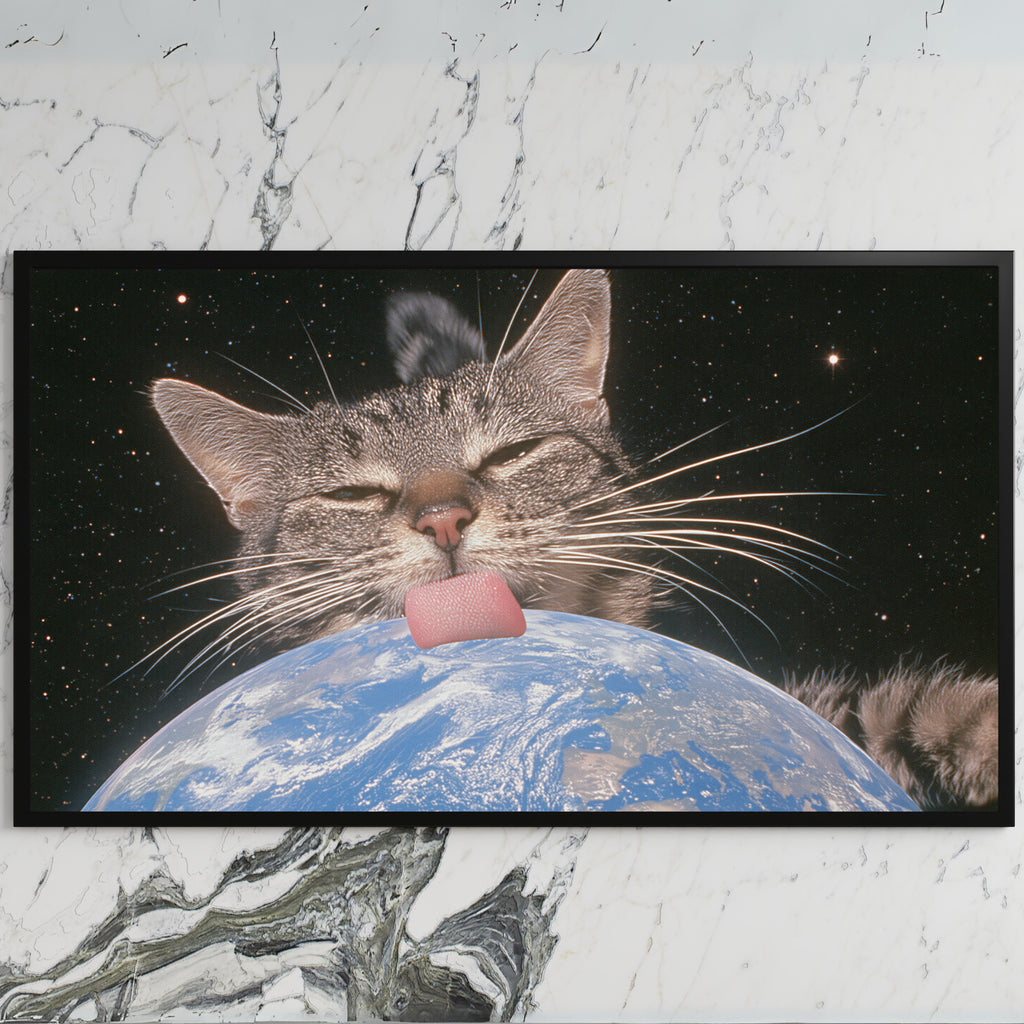 Space cat art on a black TV on a white marble wall