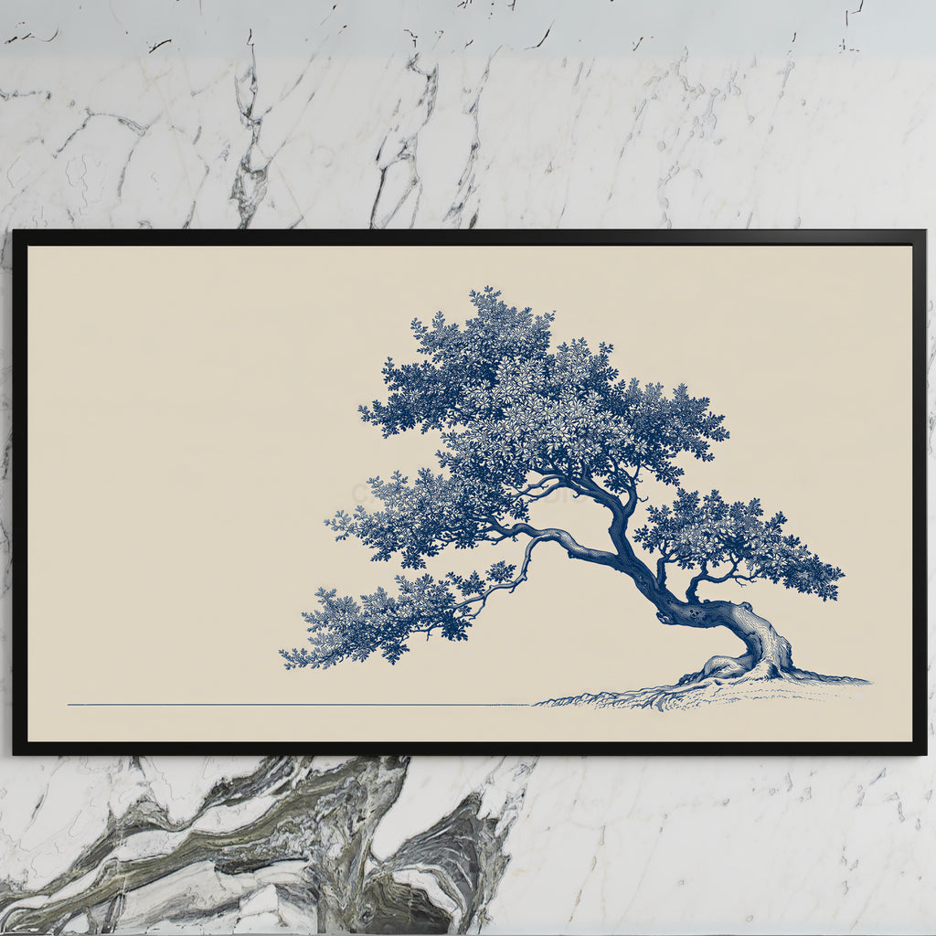 Blue ink tree art on a black TV on a white marble wall
