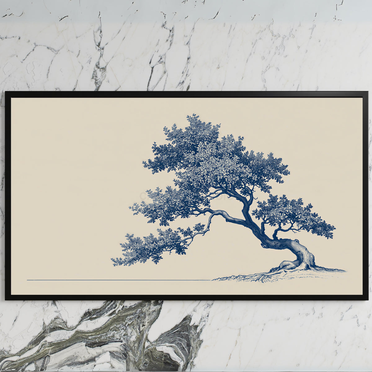 Blue ink tree art on a black TV on a white marble wall