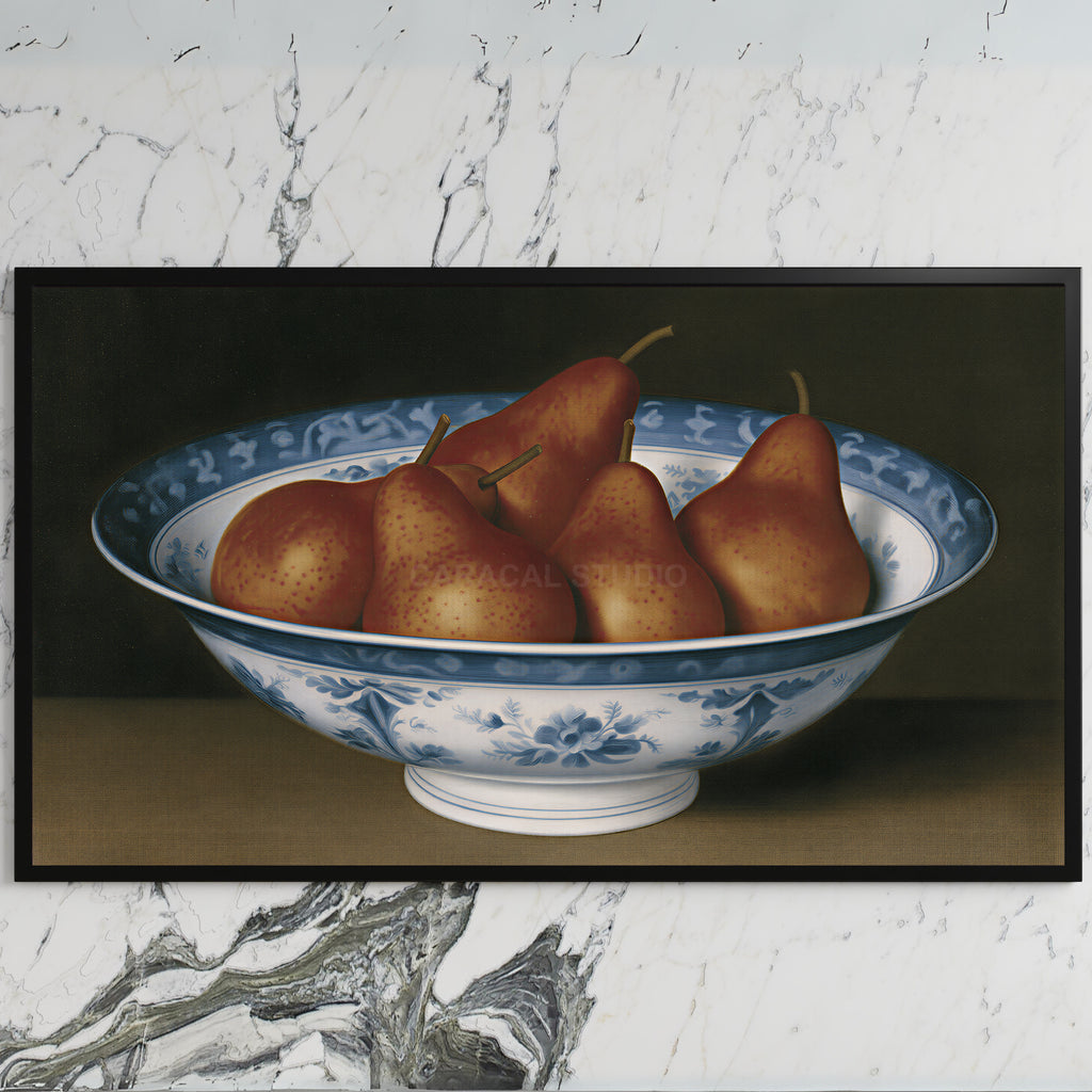 Pears in a porcelain bowl art on a black TV on a white marble wall