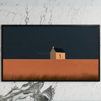 Lone cottage art on a black TV on a white marble wall