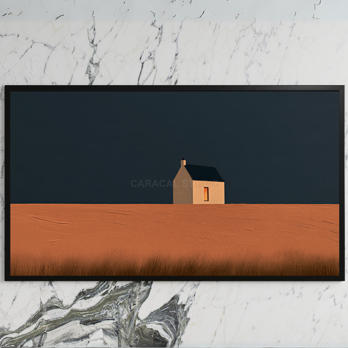 Lone cottage art on a black TV on a white marble wall