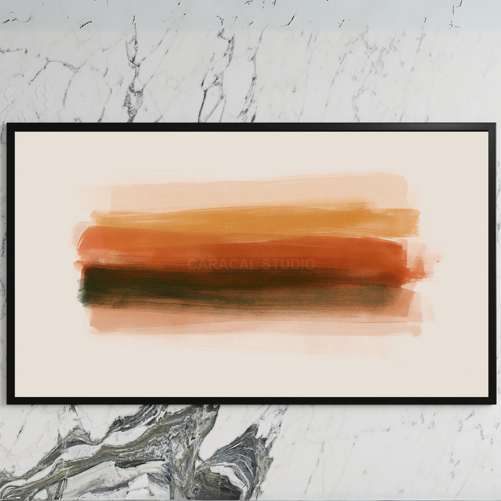 Terracotta brushstroke art on a black TV on a white marble wall