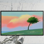 Tree on a hill at sunset art on a black TV on a white marble wall