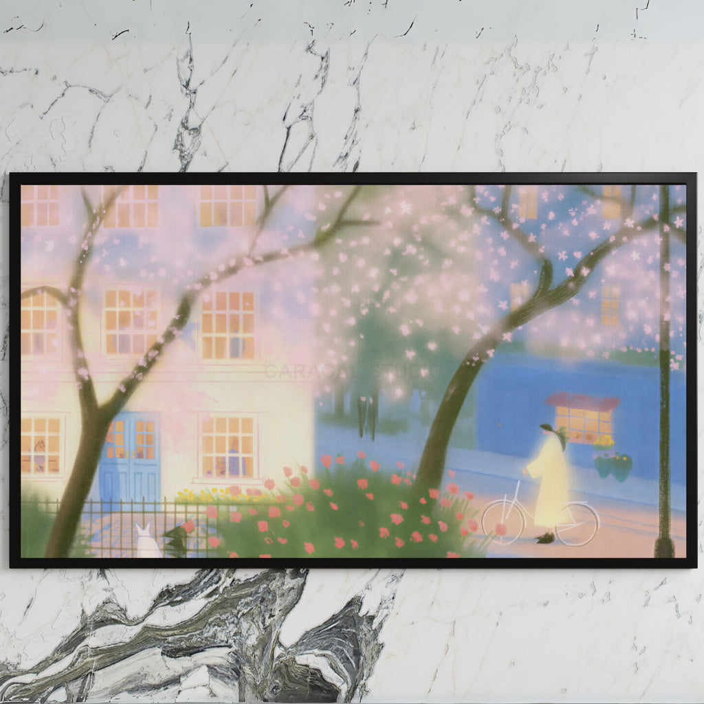 Cherry blossom street art on a black TV on a white marble wall