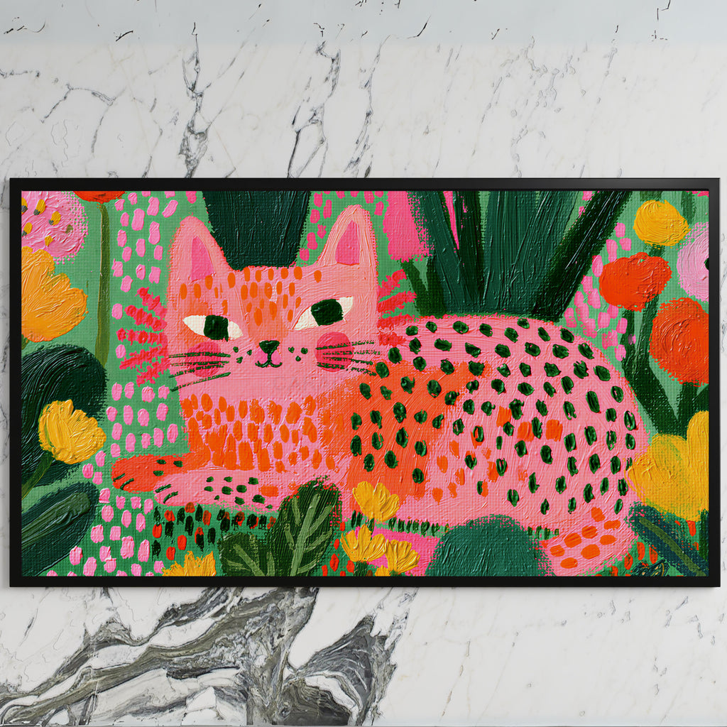Spotted cat art on a black TV on a white marble wall