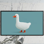 White duck art on a black TV on a white marble wall