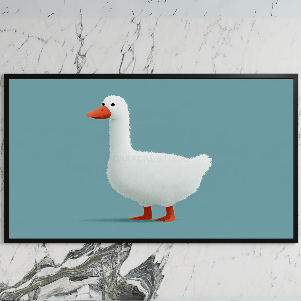 White duck art on a black TV on a white marble wall