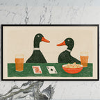 Ducks playing poker art on a black TV on a white marble wall