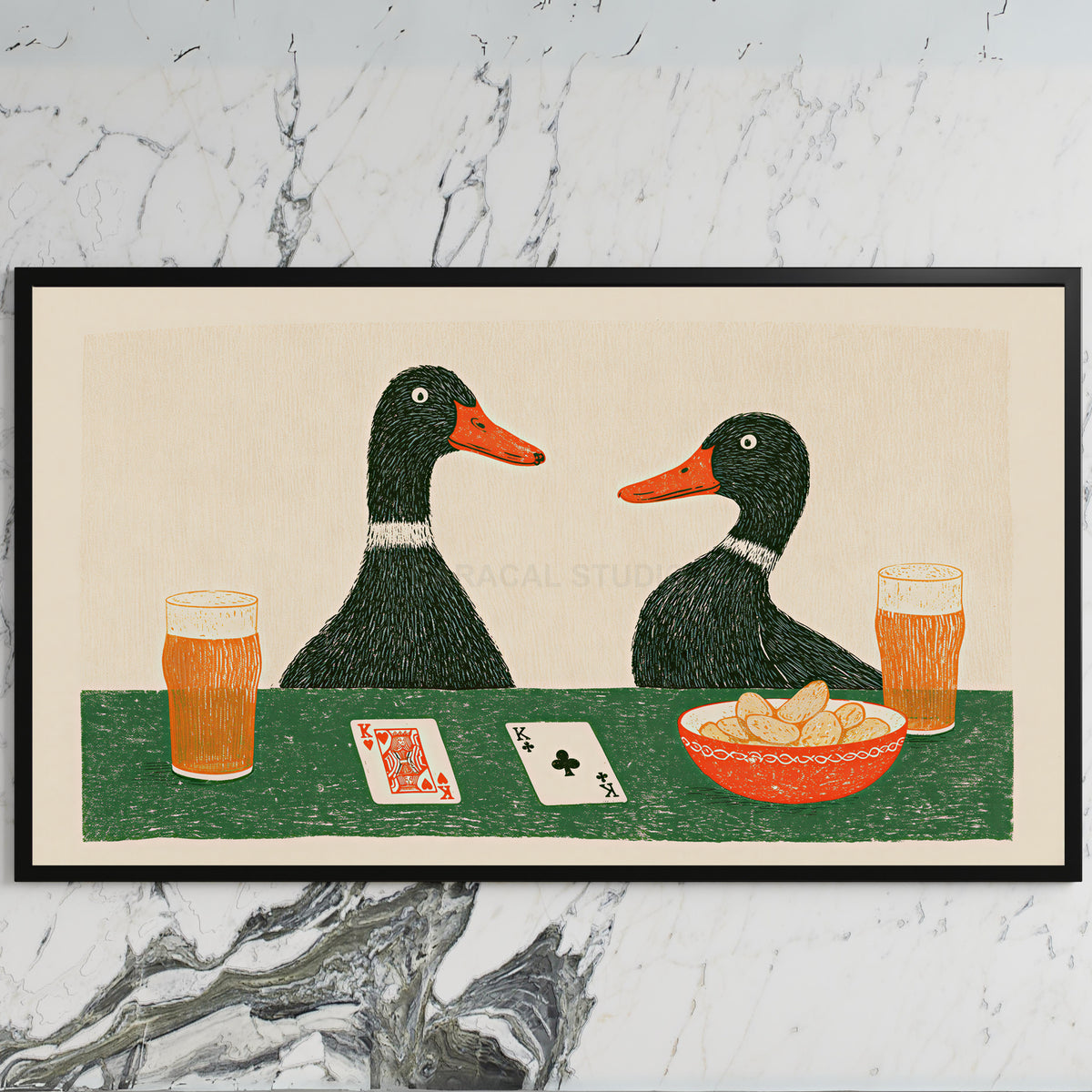 Ducks playing poker art on a black TV on a white marble wall