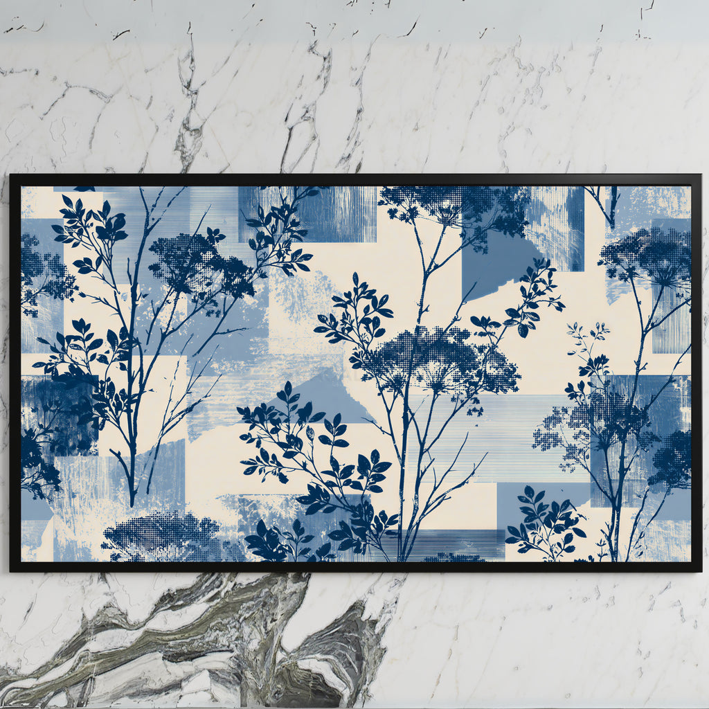Blue botanical art on a black TV on a white marble wall
