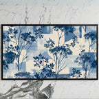 Blue botanical art on a black TV on a white marble wall