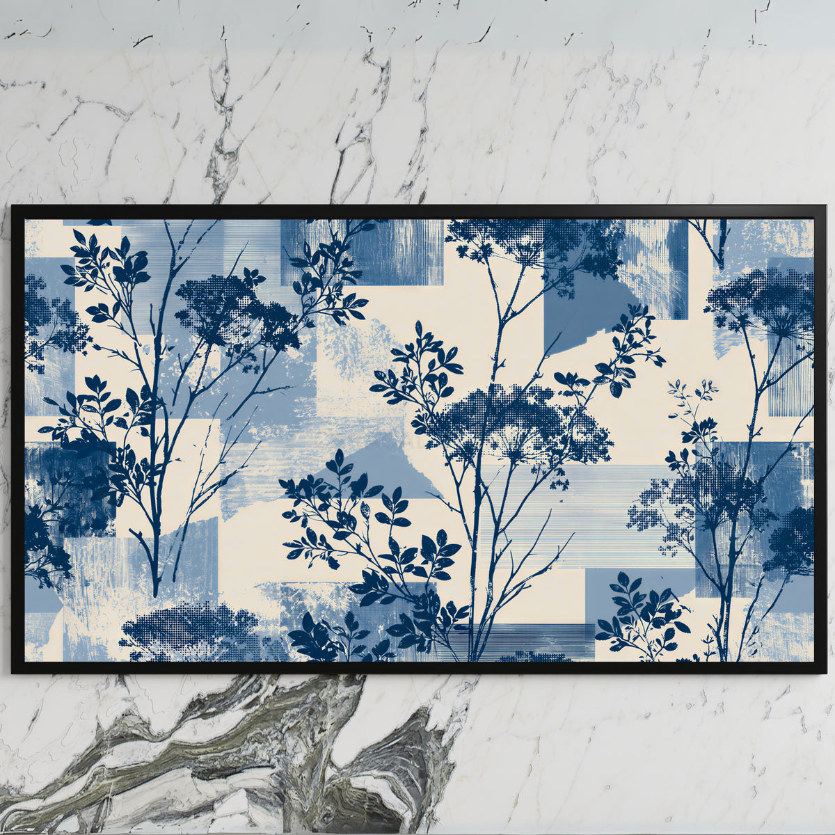 Blue botanical art on a black TV on a white marble wall